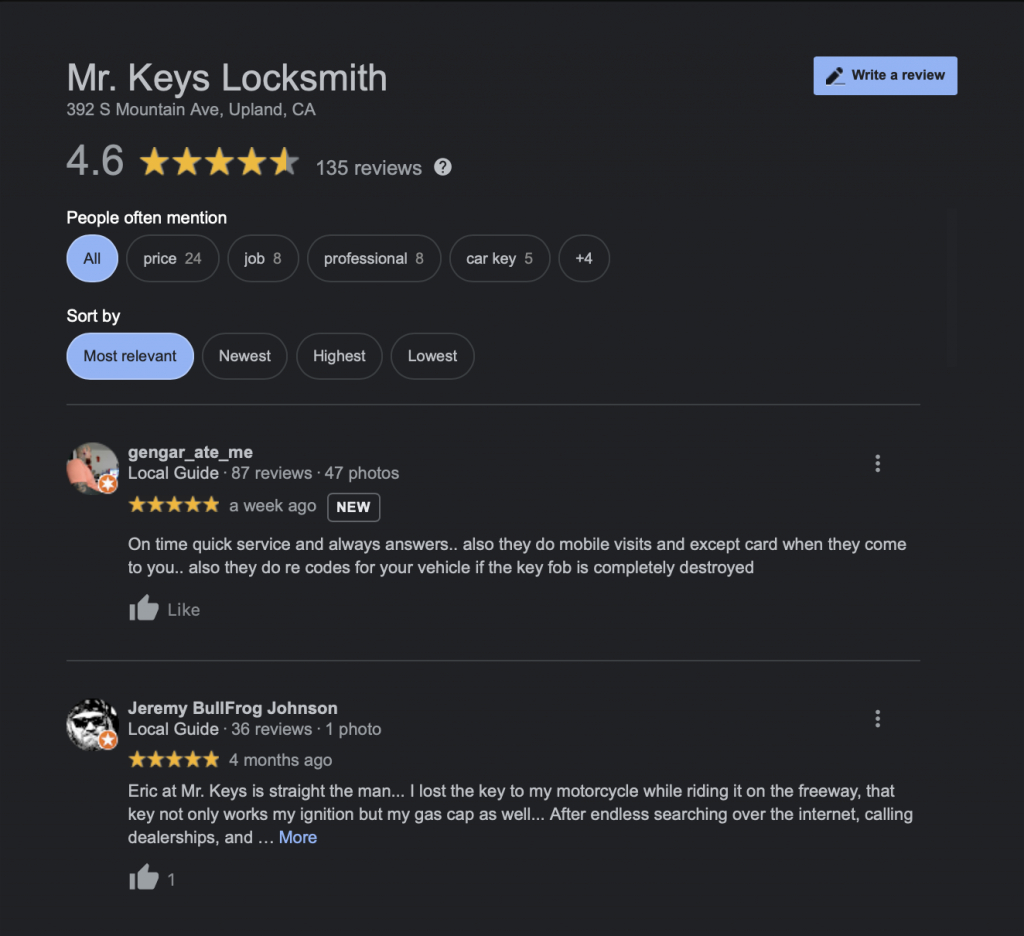 Mr. Keys Loscksmith google listing