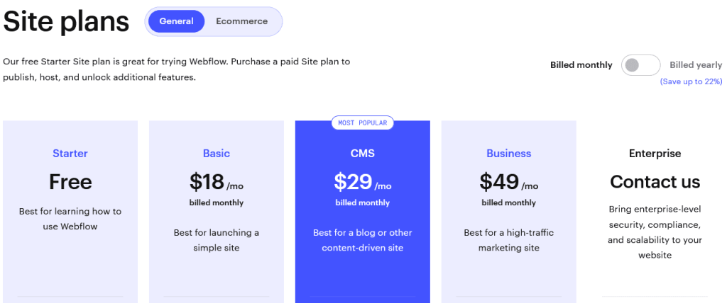 Webflow Plans and Pricing