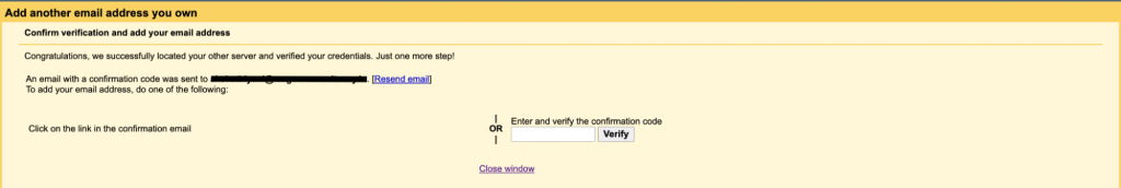 Area to enter your confirmation code inside of Gmail