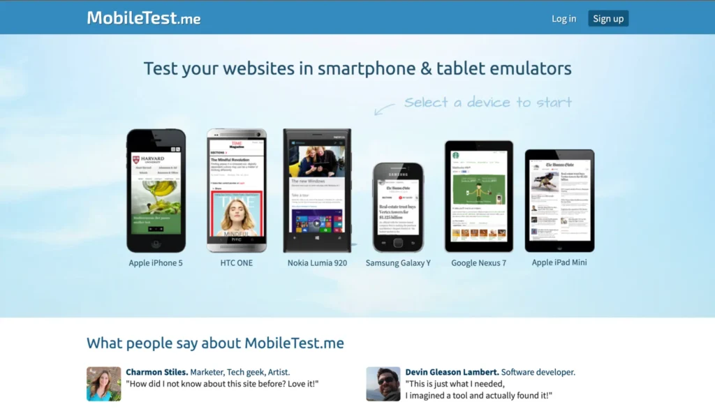 MobileTest.me homepage with various mobile devices shown.