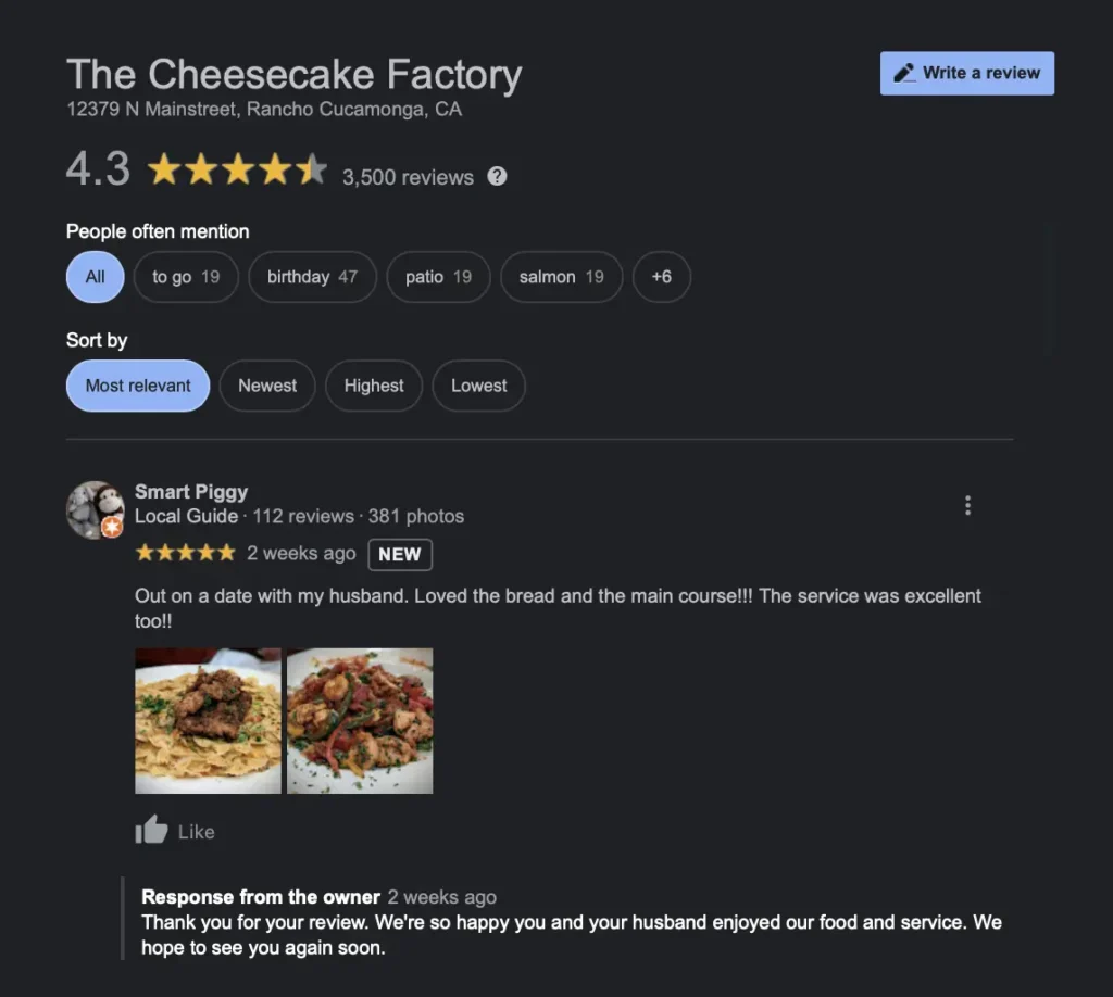 The Cheesecake Factory Google Listing with the reviews shown.