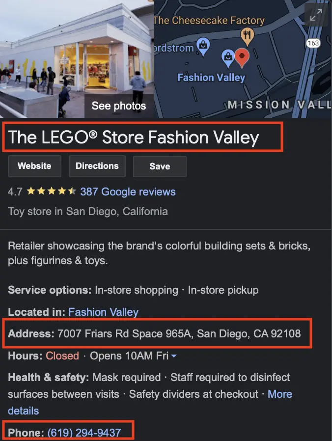 Google My Business listing for The Lego Store Fashion Valley with the name, address, and phone number circled in red. 