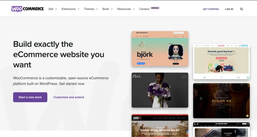 WooCommerce homepage with a button to "Start a new store.