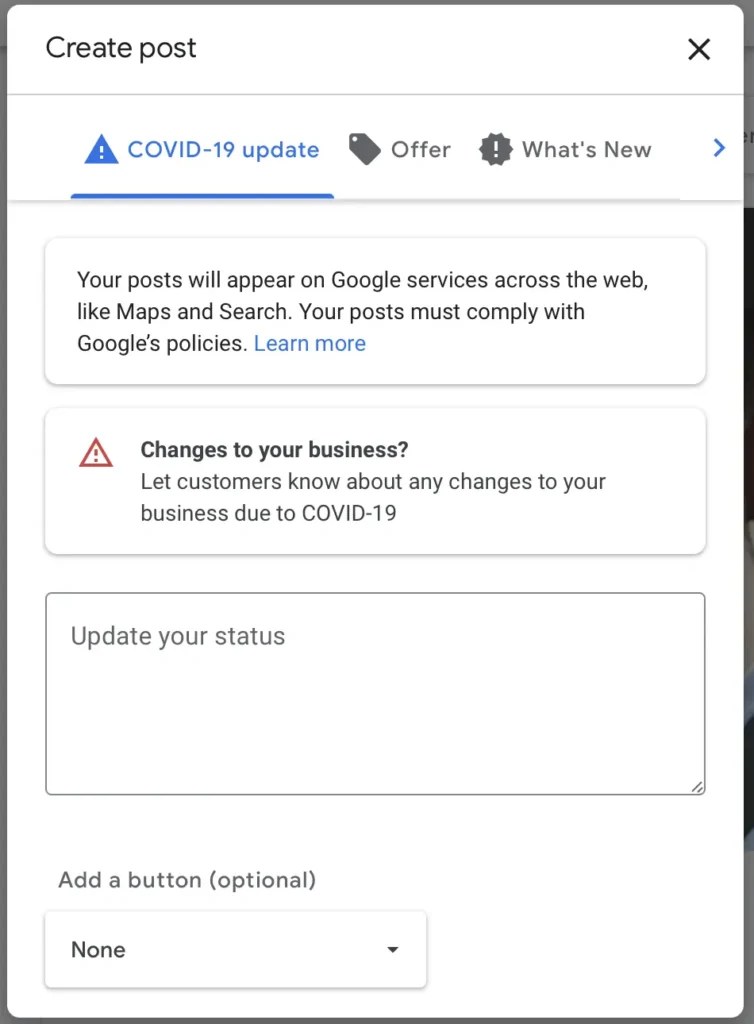 Form to create Google My Business post. 