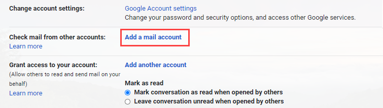 The add a mail account section inside of Gmail settings
