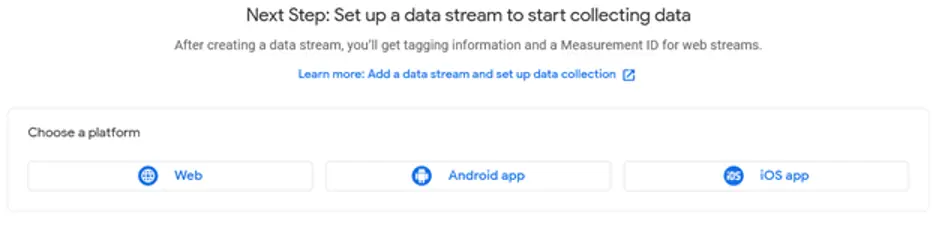 Setup page for a data stream to start collecting data with the first step to choose a platform. 