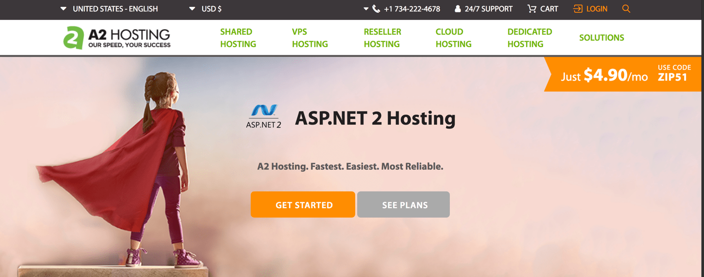 A2 Hosting landing page